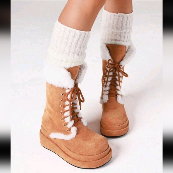 Women Winter Warm Faux Fur Snow Fluffy Mid Calf Boots Sweet Cute Furry Thick - Picture 4 of 5